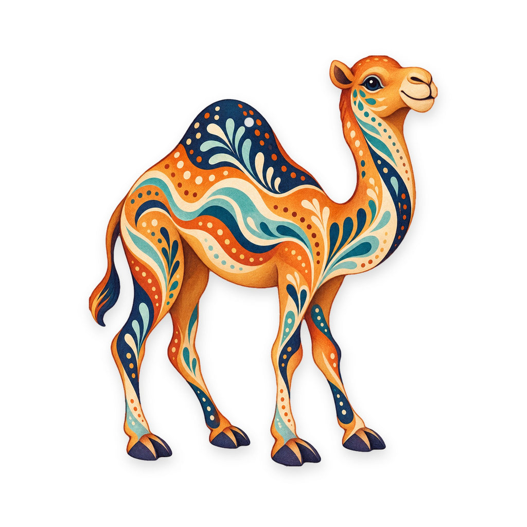 Dromedary Camel folk art ornament O378 on white, laser-cut maple wood, made in USA