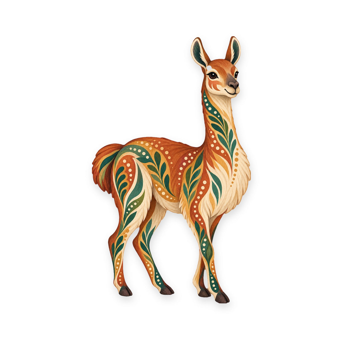 Guanaco folk art ornament O379 on white, laser-cut maple wood, made in USA