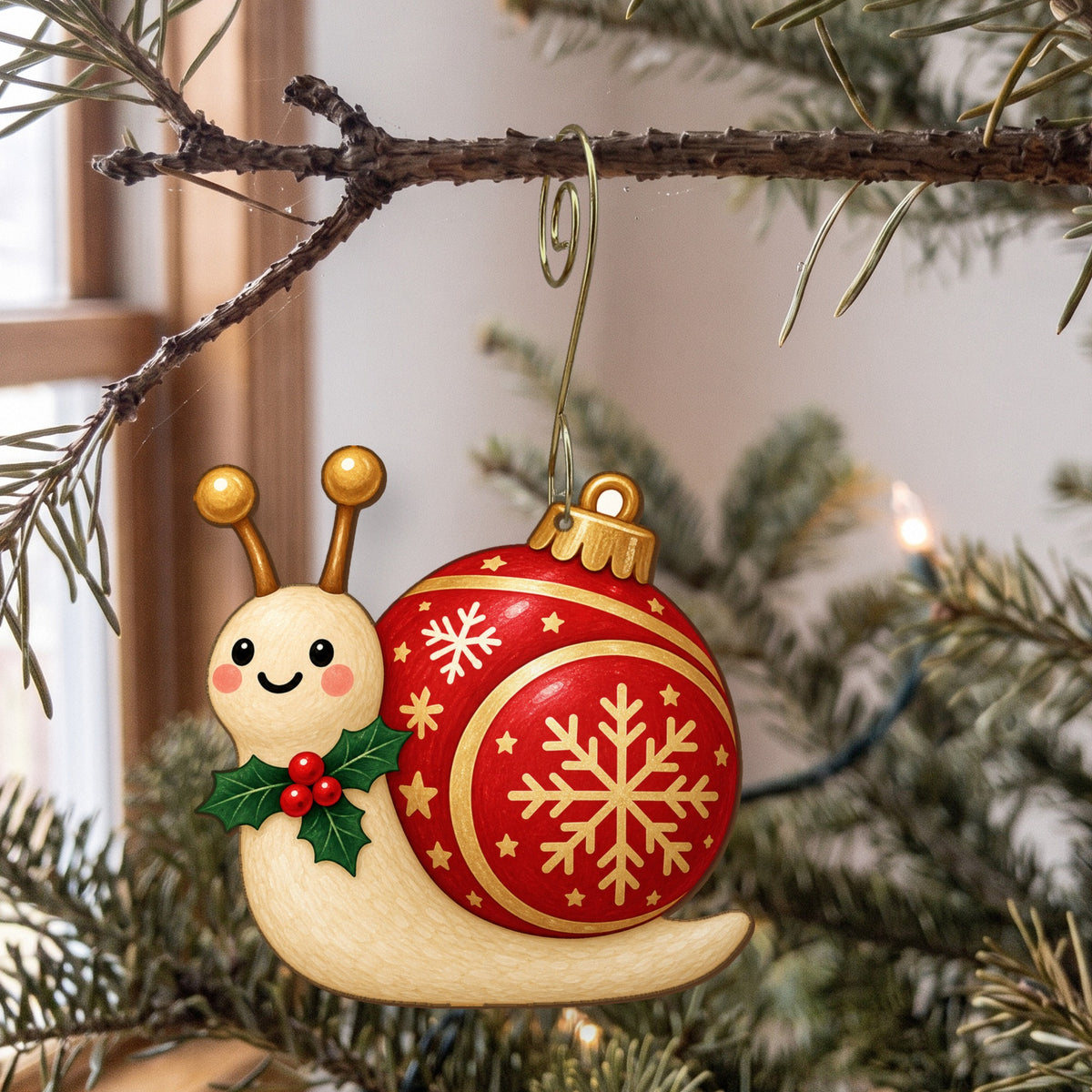 Laser-cut maple wood Christmas ornament O37 hanging on a fir branch, made in USA