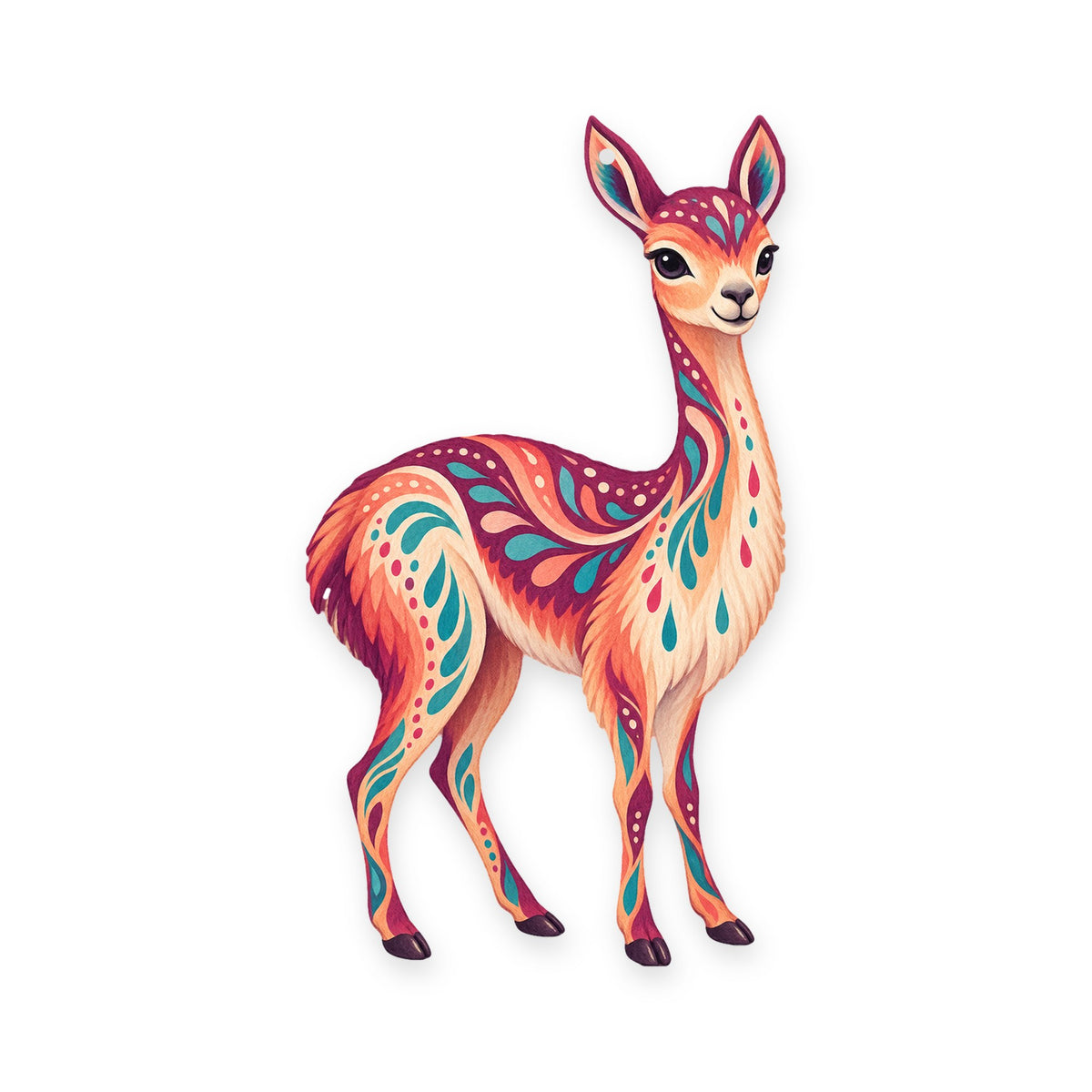 Vicuna folk art ornament O380 on white, laser-cut maple wood, made in USA
