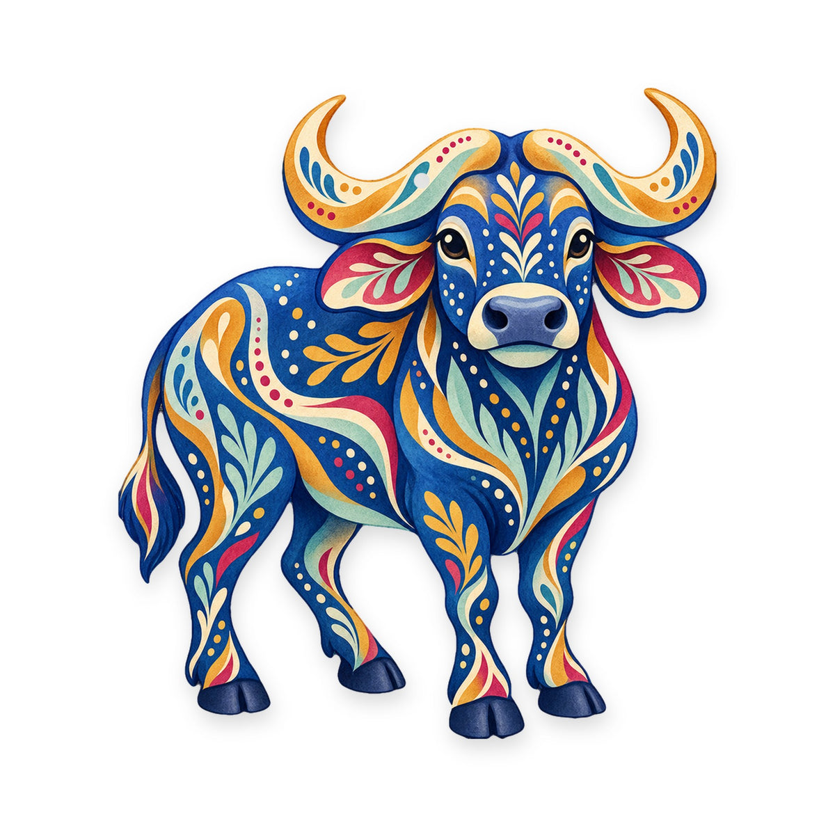 African Buffalo folk art ornament O381 on white, laser-cut maple wood, made in USA