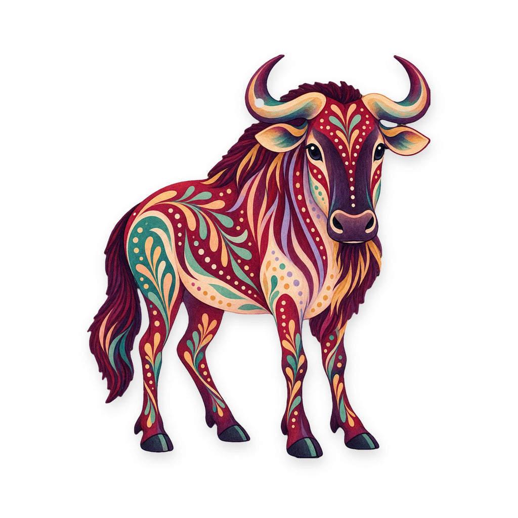 Wildebeest folk art ornament O382 on white, laser-cut maple wood, made in USA