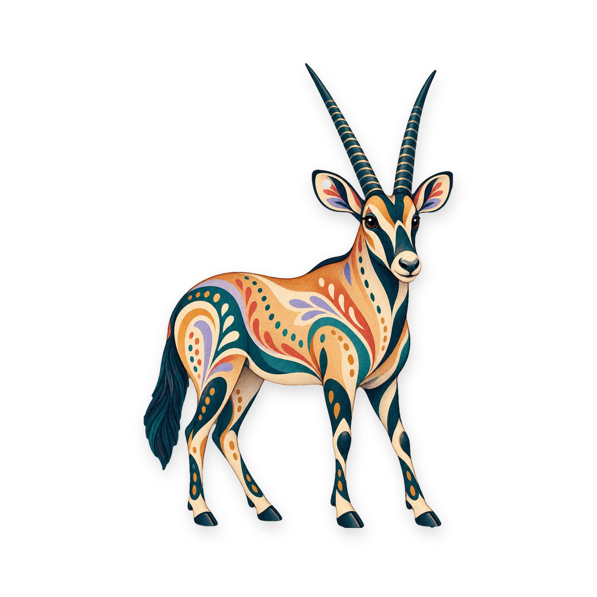 Gemsbok folk art ornament O383 on white, laser-cut maple wood, made in USA