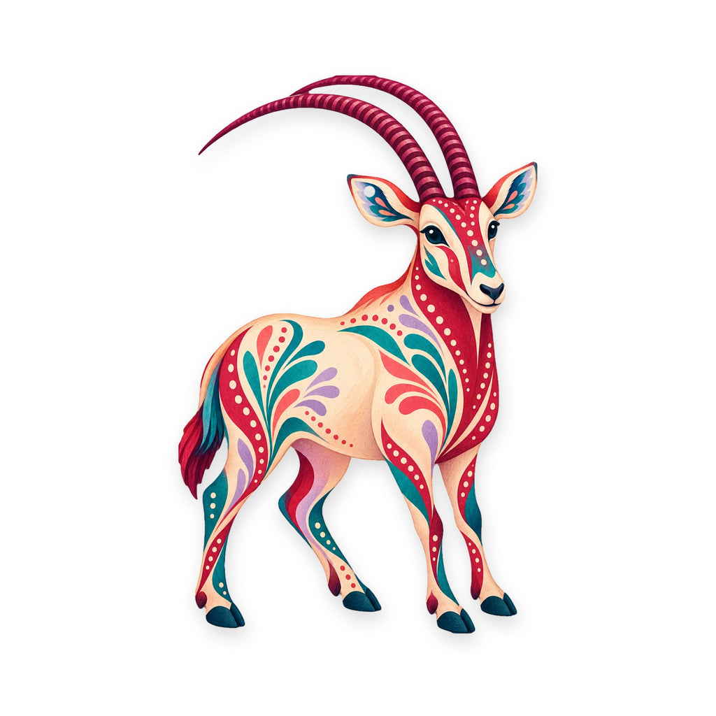 Scimitar-Horned Oryx folk art ornament O384 on white, laser-cut maple wood, made in USA