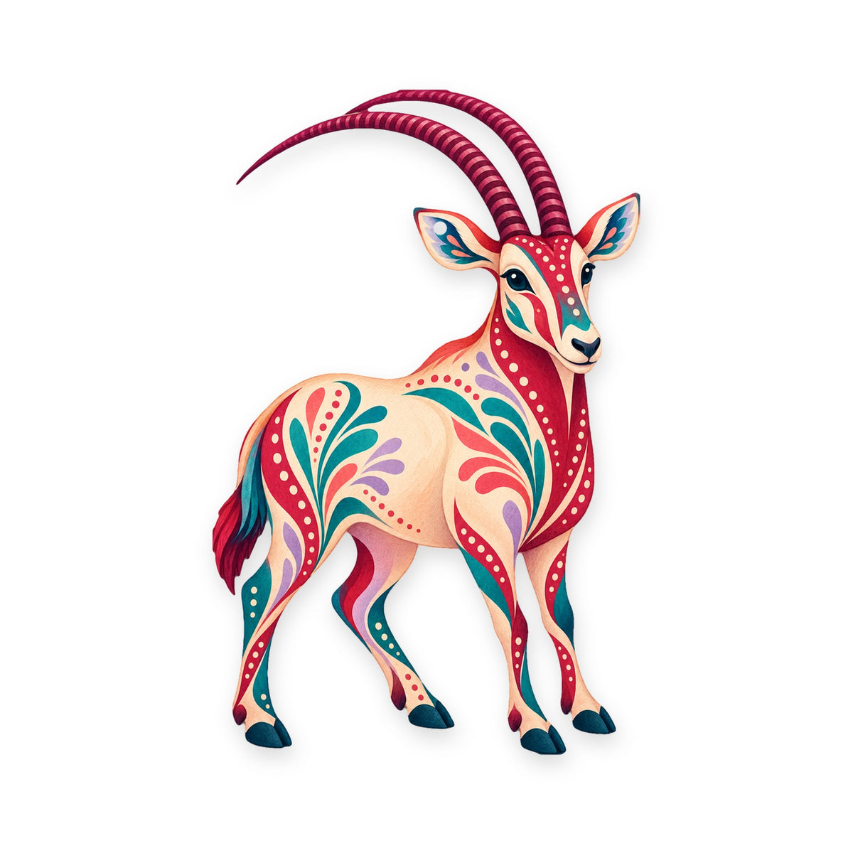 Scimitar-Horned Oryx folk art ornament O384 on white, laser-cut maple wood, made in USA