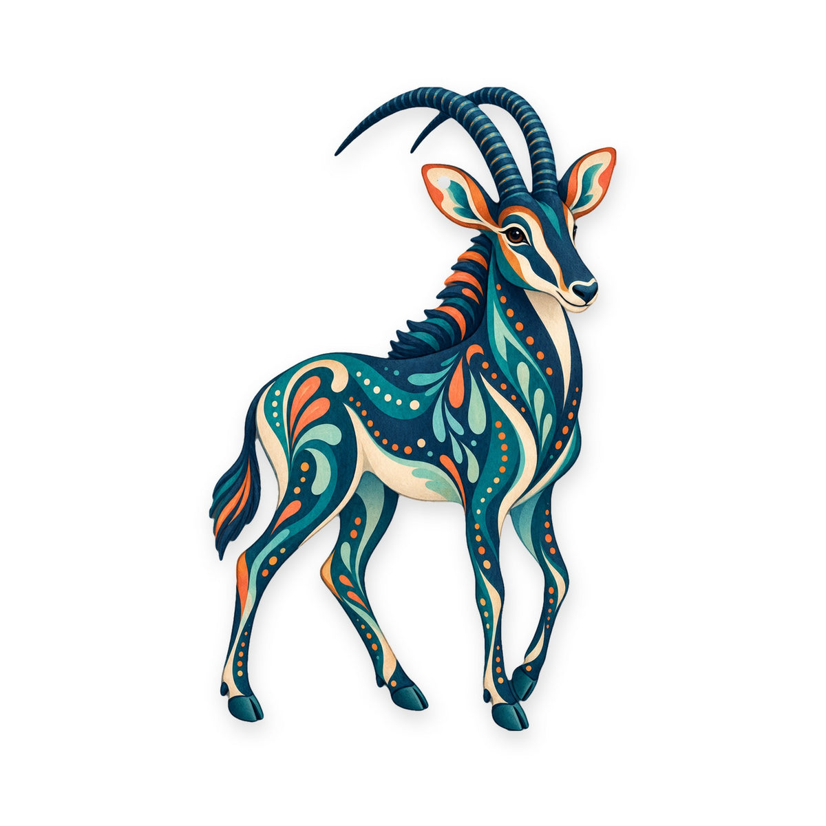 Sable Antelope folk art ornament O385 on white, laser-cut maple wood, made in USA