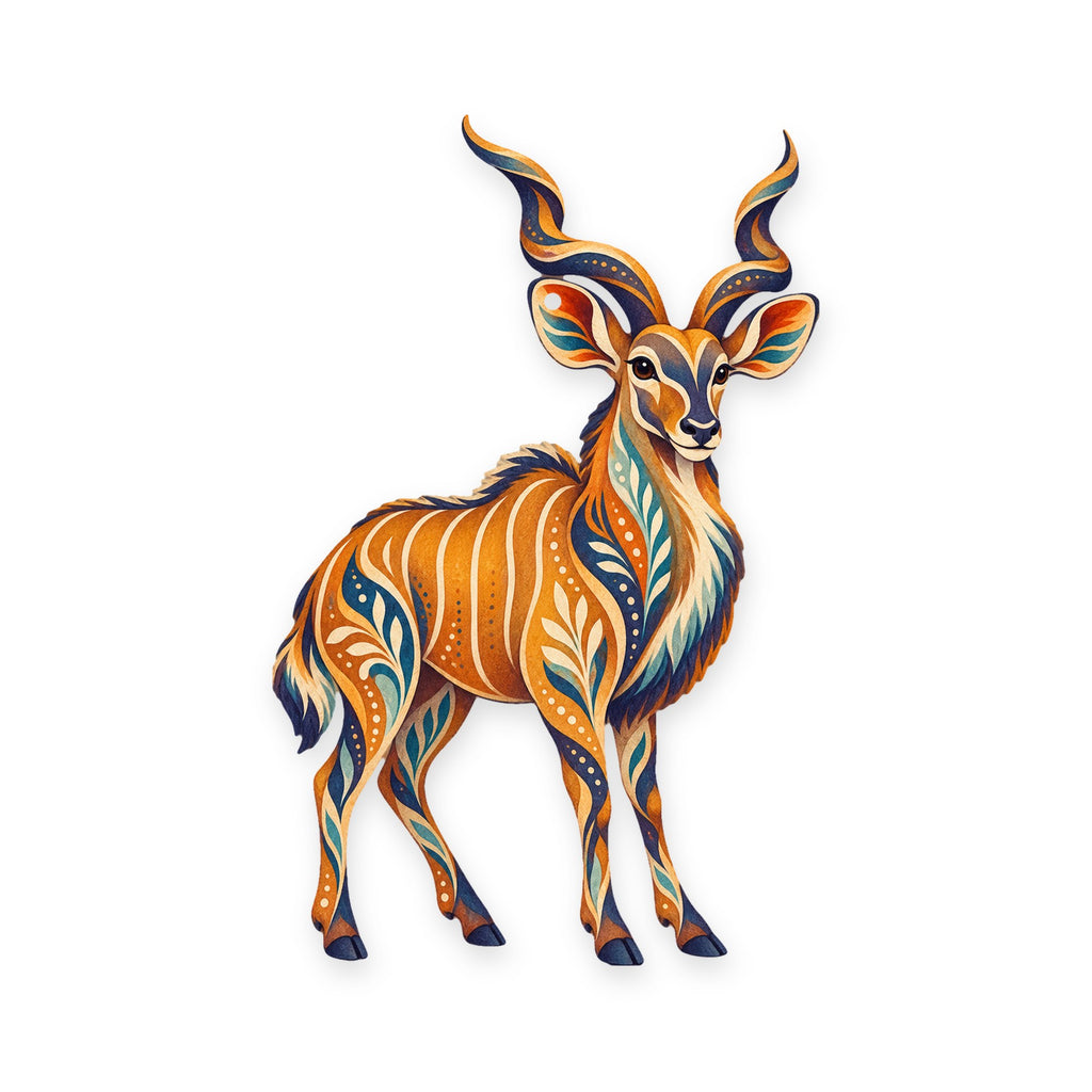 Greater Kudu folk art ornament O386 on white, laser-cut maple wood, made in USA