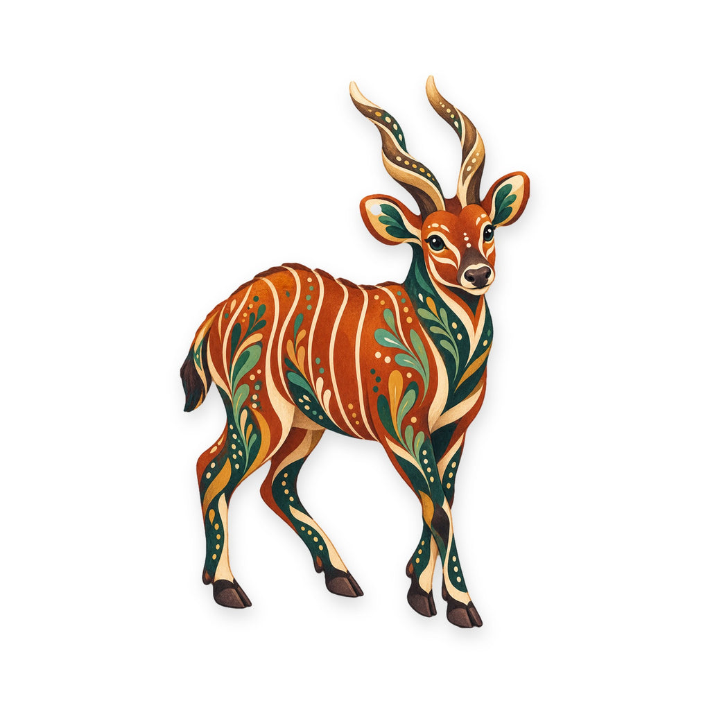 Bongo Antelope folk art ornament O387 on white, laser-cut maple wood, made in USA