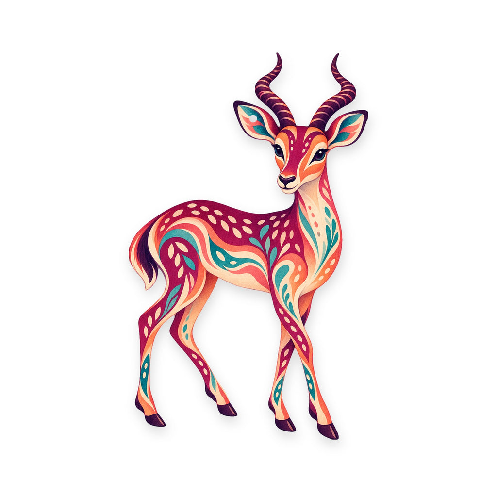 Impala folk art ornament O388 on white, laser-cut maple wood, made in USA