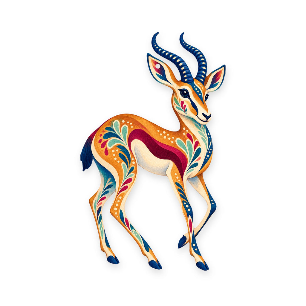 Springbok folk art ornament O389 on white, laser-cut maple wood, made in USA