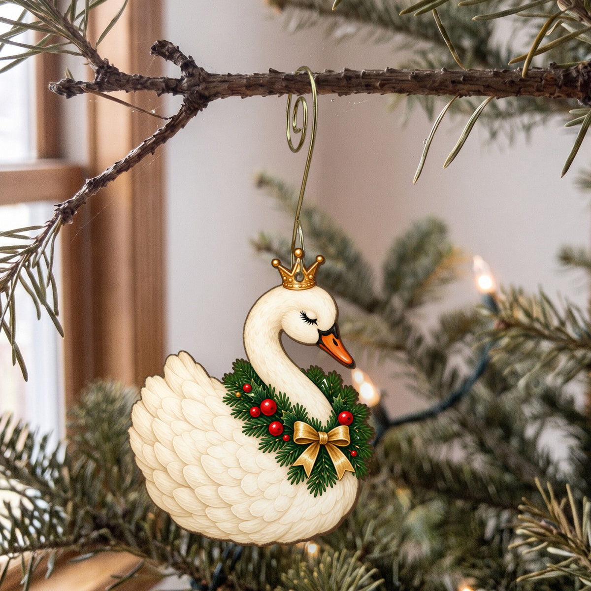 Laser-cut maple wood Christmas ornament O38 hanging on a fir branch, made in USA