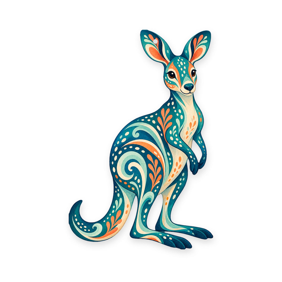 Kangaroo folk art ornament O393 on white, laser-cut maple wood, made in USA