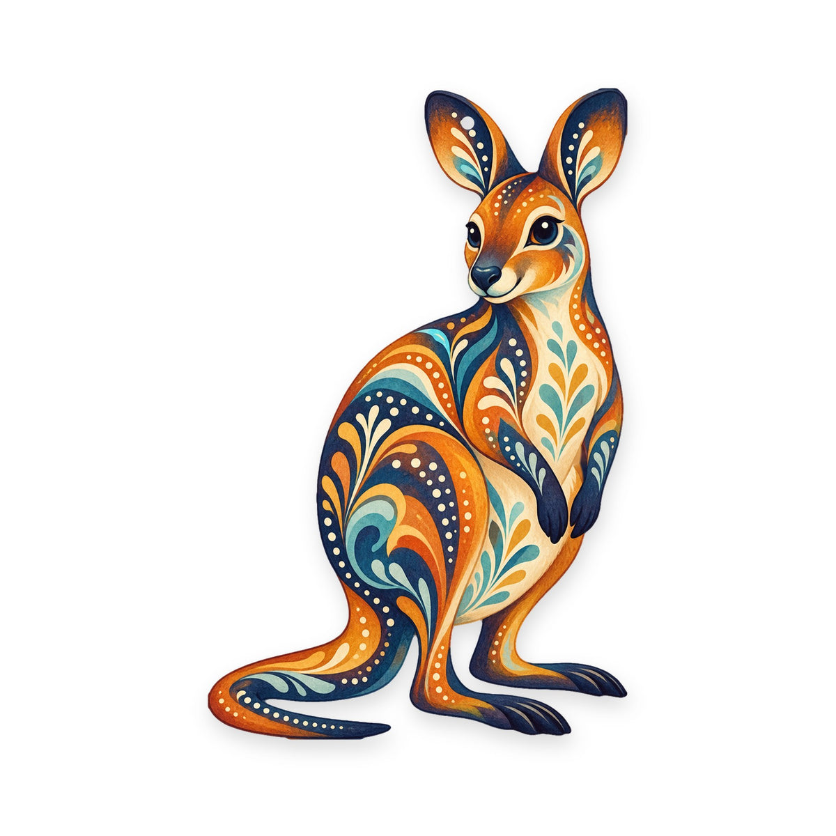 Wallaby folk art ornament O394 on white, laser-cut maple wood, made in USA