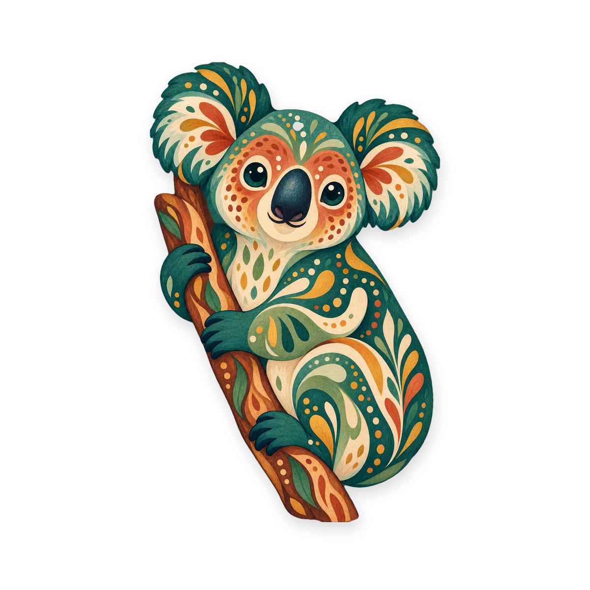 Koala folk art ornament O395 on white, laser-cut maple wood, made in USA