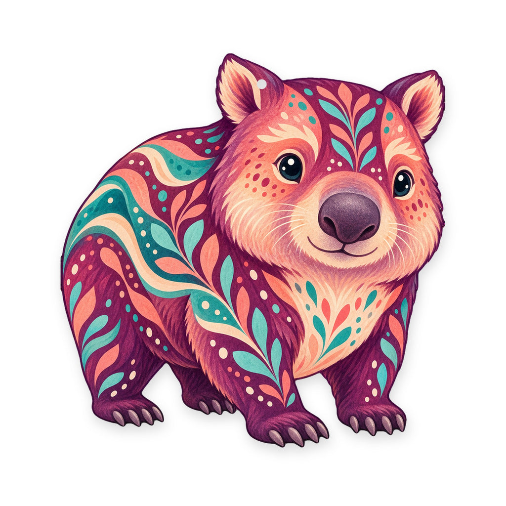 Wombat folk art ornament O396 on white, laser-cut maple wood, made in USA