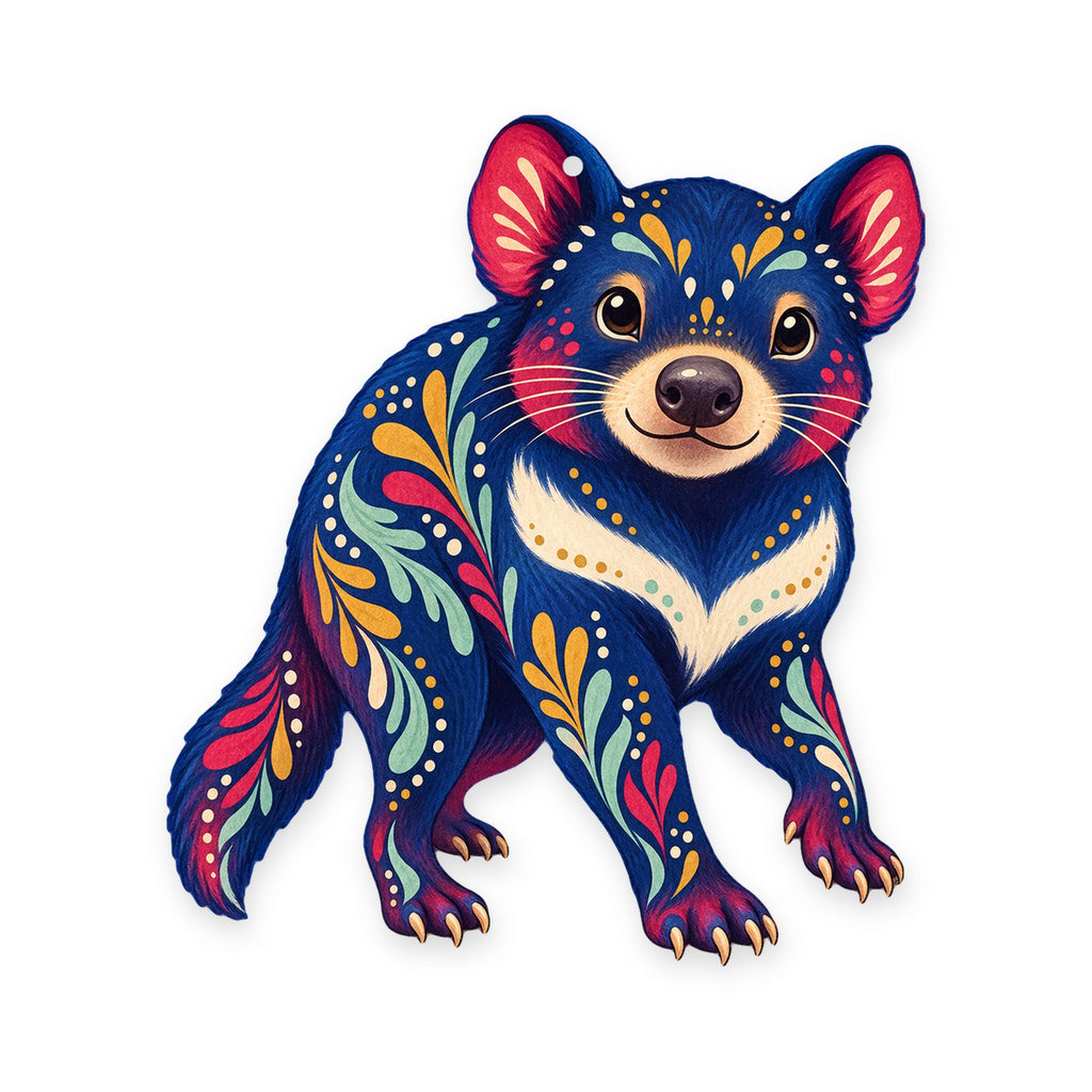 Tasmanian Devil folk art ornament O397 on white, laser-cut maple wood, made in USA