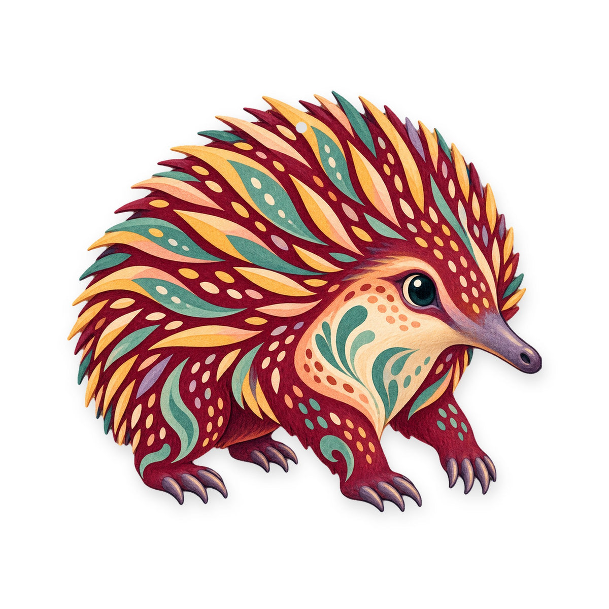 Short-Beaked Echidna folk art ornament O398 on white, laser-cut maple wood, made in USA