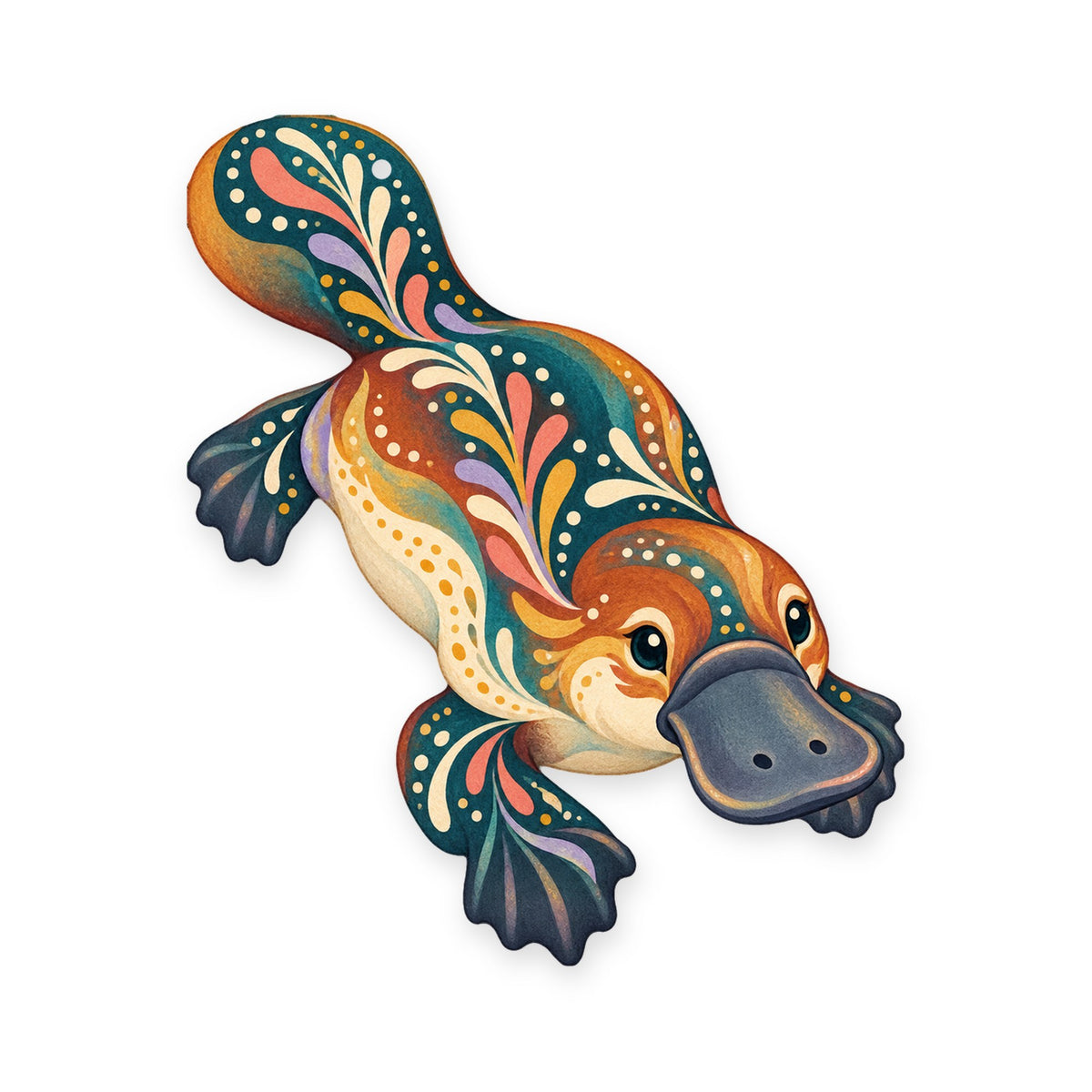 Platypus folk art ornament O399 on white, laser-cut maple wood, made in USA