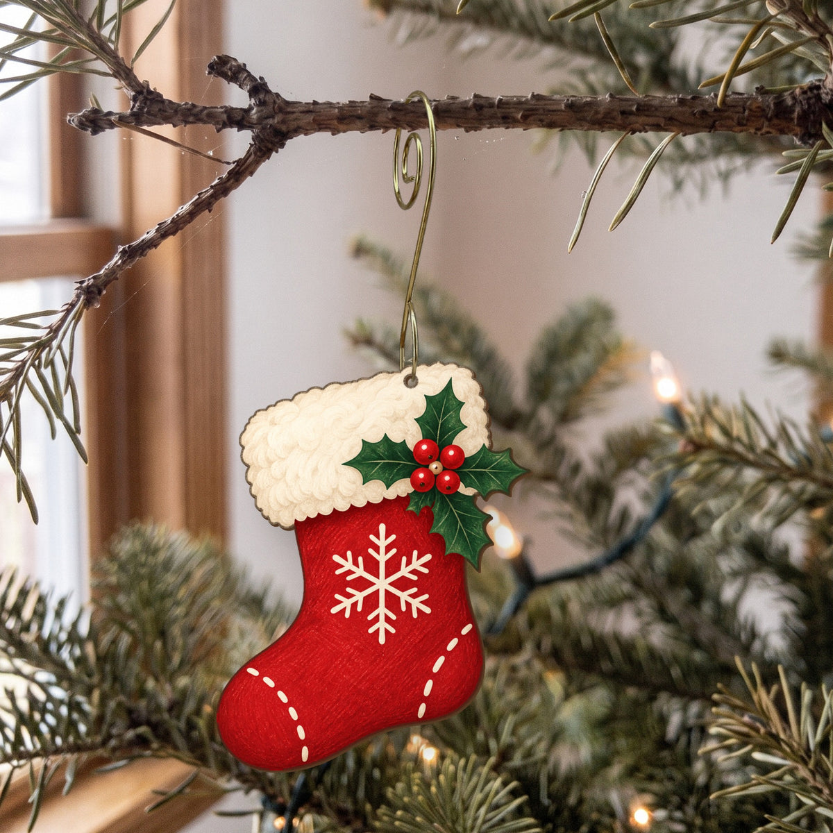 Laser-cut maple wood Christmas ornament O3 hanging on a fir branch, made in USA