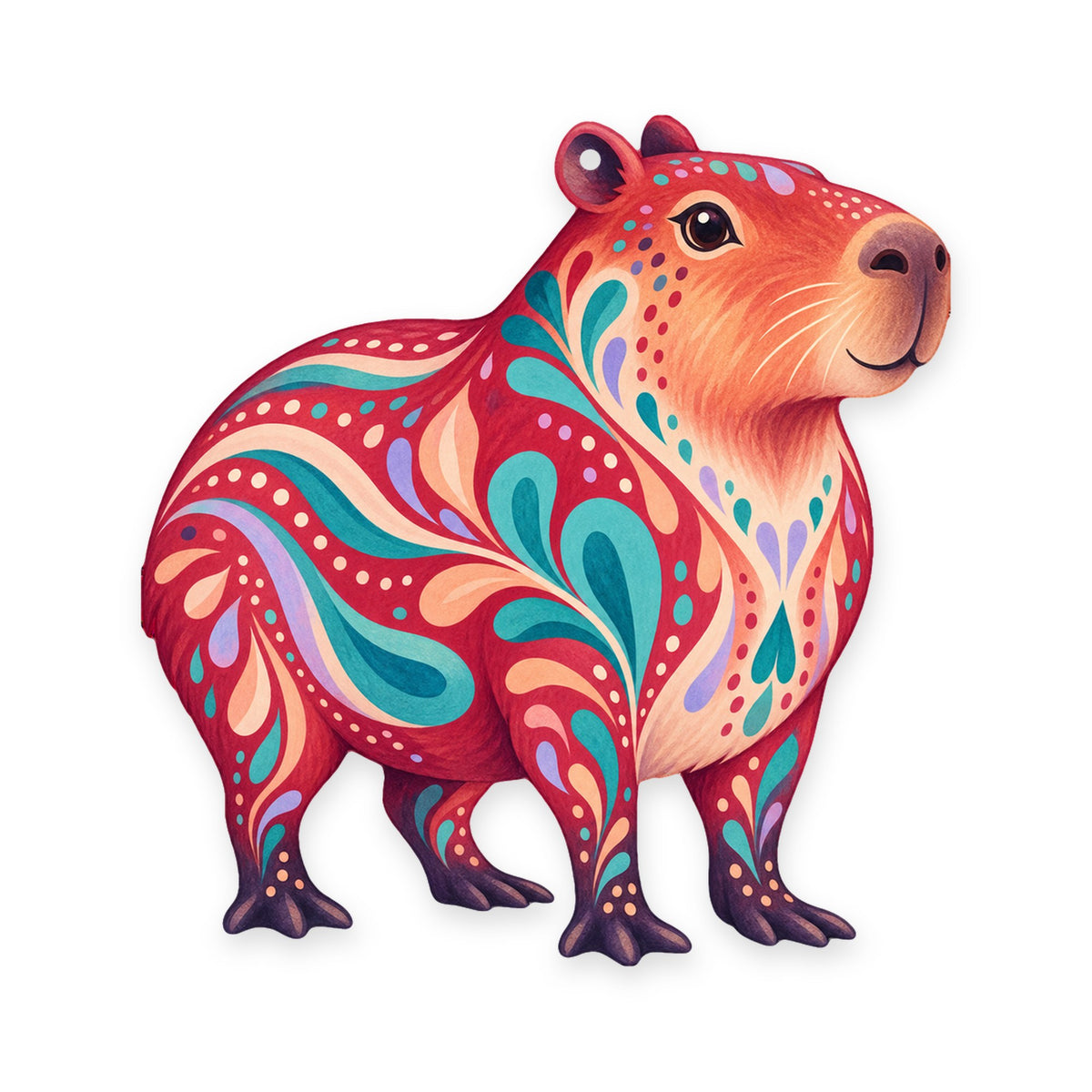 Capybara folk art ornament O400 on white, laser-cut maple wood, made in USA