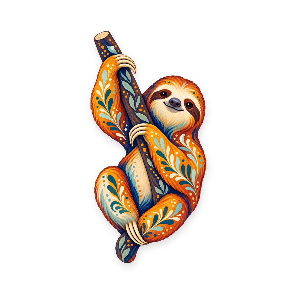 Three-Toed Sloth folk art ornament O402 on white, laser-cut maple wood, made in USA