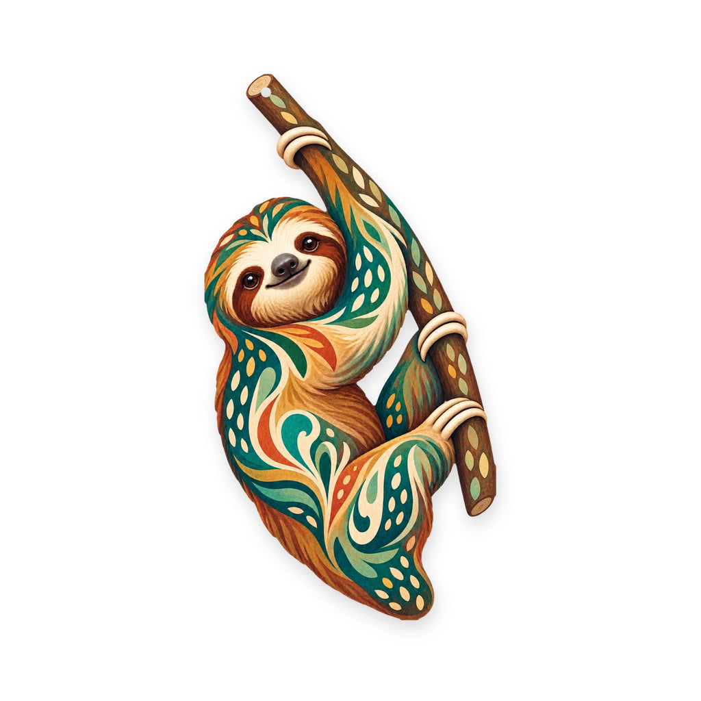 Two-Toed Sloth folk art ornament O403 on white, laser-cut maple wood, made in USA