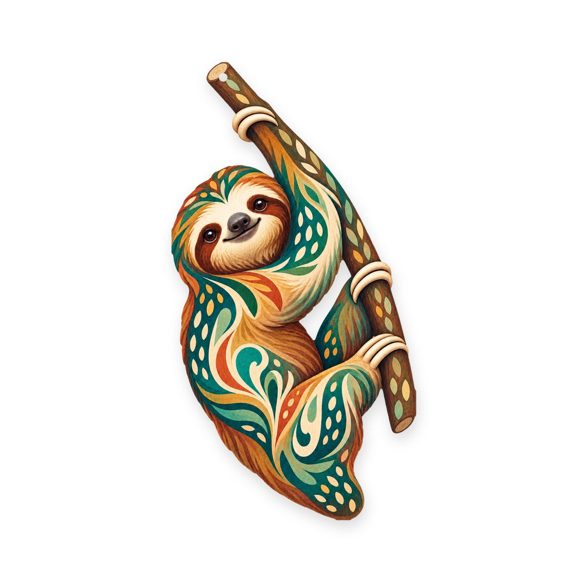 Two-Toed Sloth folk art ornament O403 on white, laser-cut maple wood, made in USA