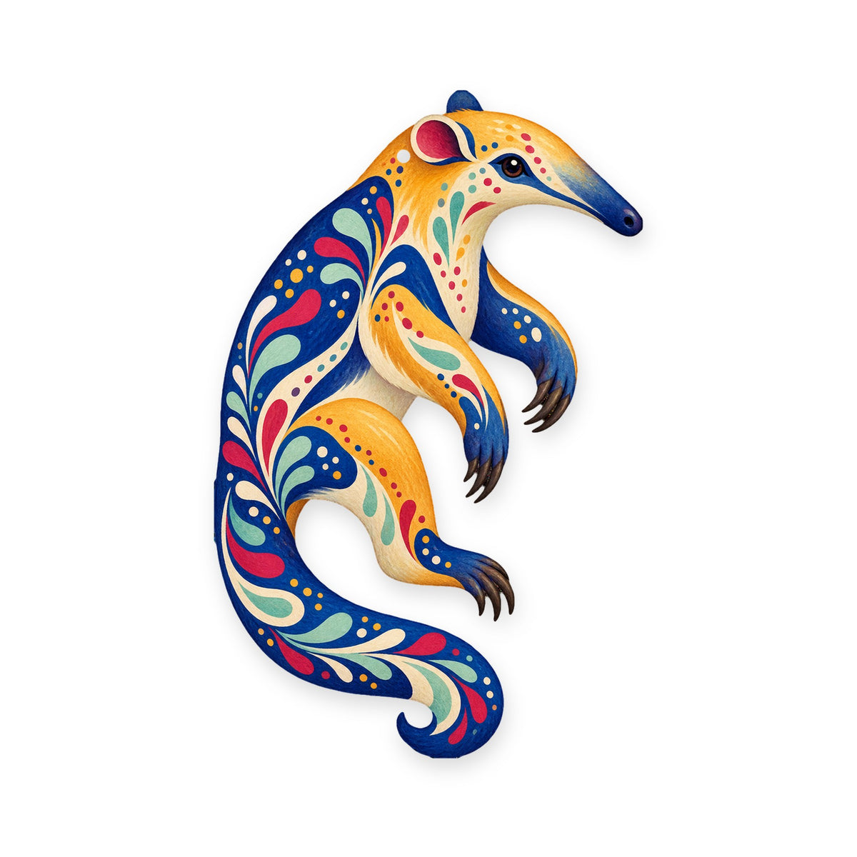 Tamandua folk art ornament O405 on white, laser-cut maple wood, made in USA