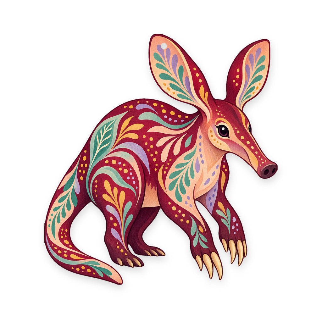 Aardvark folk art ornament O406 on white, laser-cut maple wood, made in USA