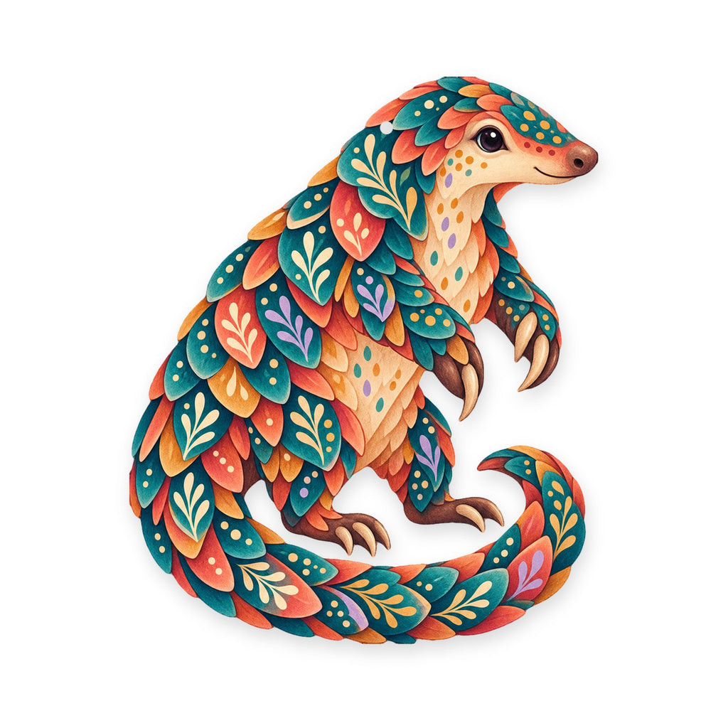 Ground Pangolin folk art ornament O407 on white, laser-cut maple wood, made in USA