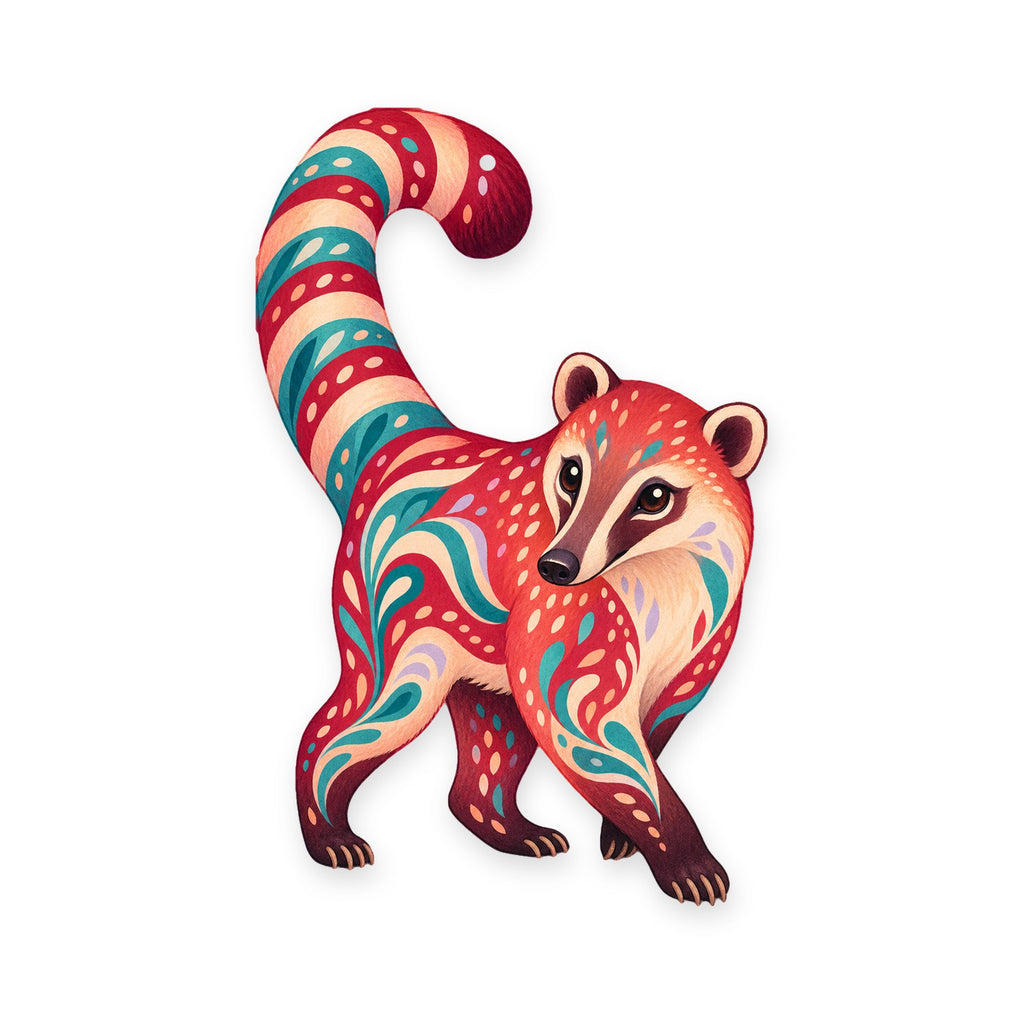 Coati folk art ornament O408 on white, laser-cut maple wood, made in USA