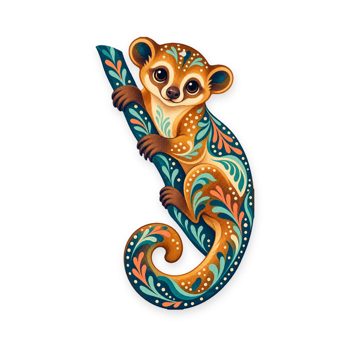Kinkajou folk art ornament O409 on white, laser-cut maple wood, made in USA