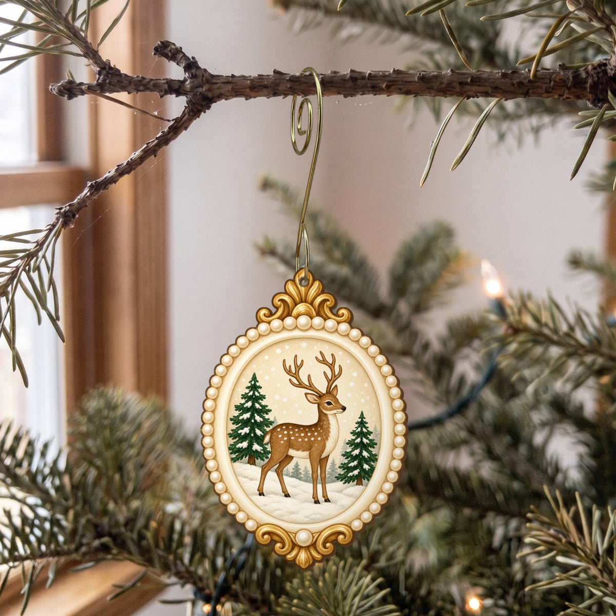 Laser-cut maple wood Christmas ornament O40 hanging on a fir branch, made in USA