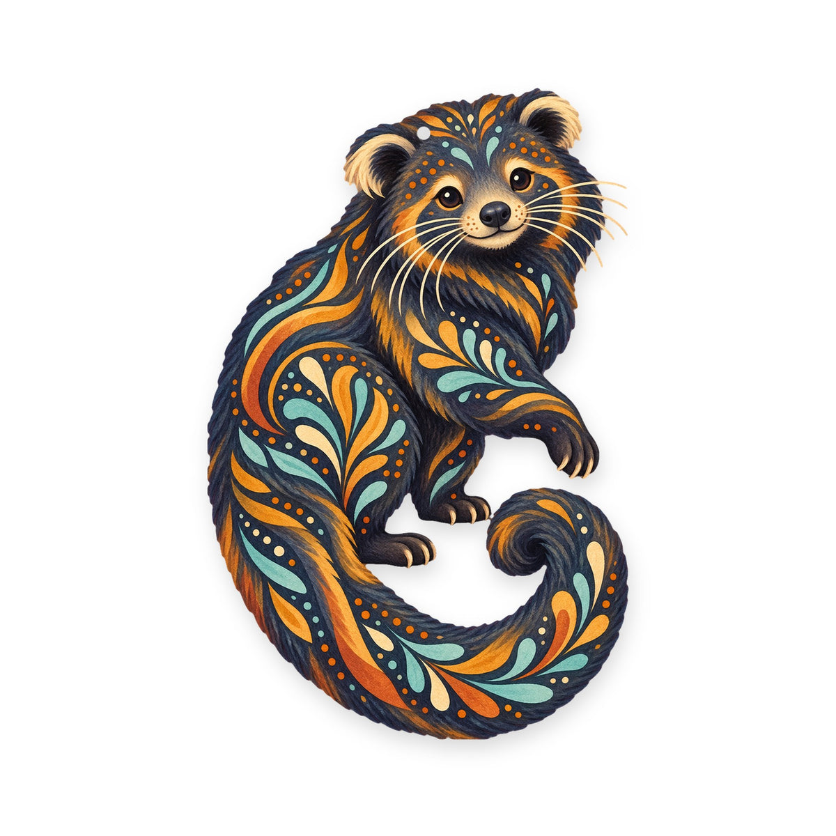Binturong folk art ornament O410 on white, laser-cut maple wood, made in USA