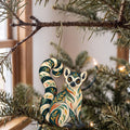 Laser-cut maple wood Ring-Tailed Lemur folk art ornament O411 hanging on a fir branch, made in USA