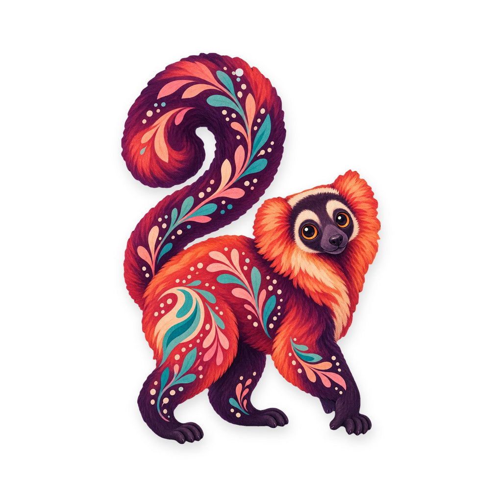Red Ruffed Lemur folk art ornament O412 on white, laser-cut maple wood, made in USA