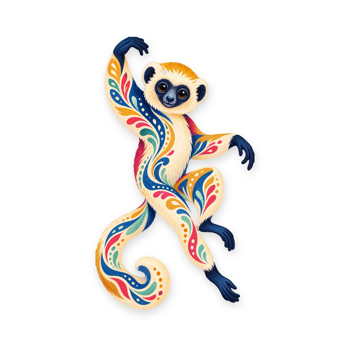 Sifaka folk art ornament O413 on white, laser-cut maple wood, made in USA