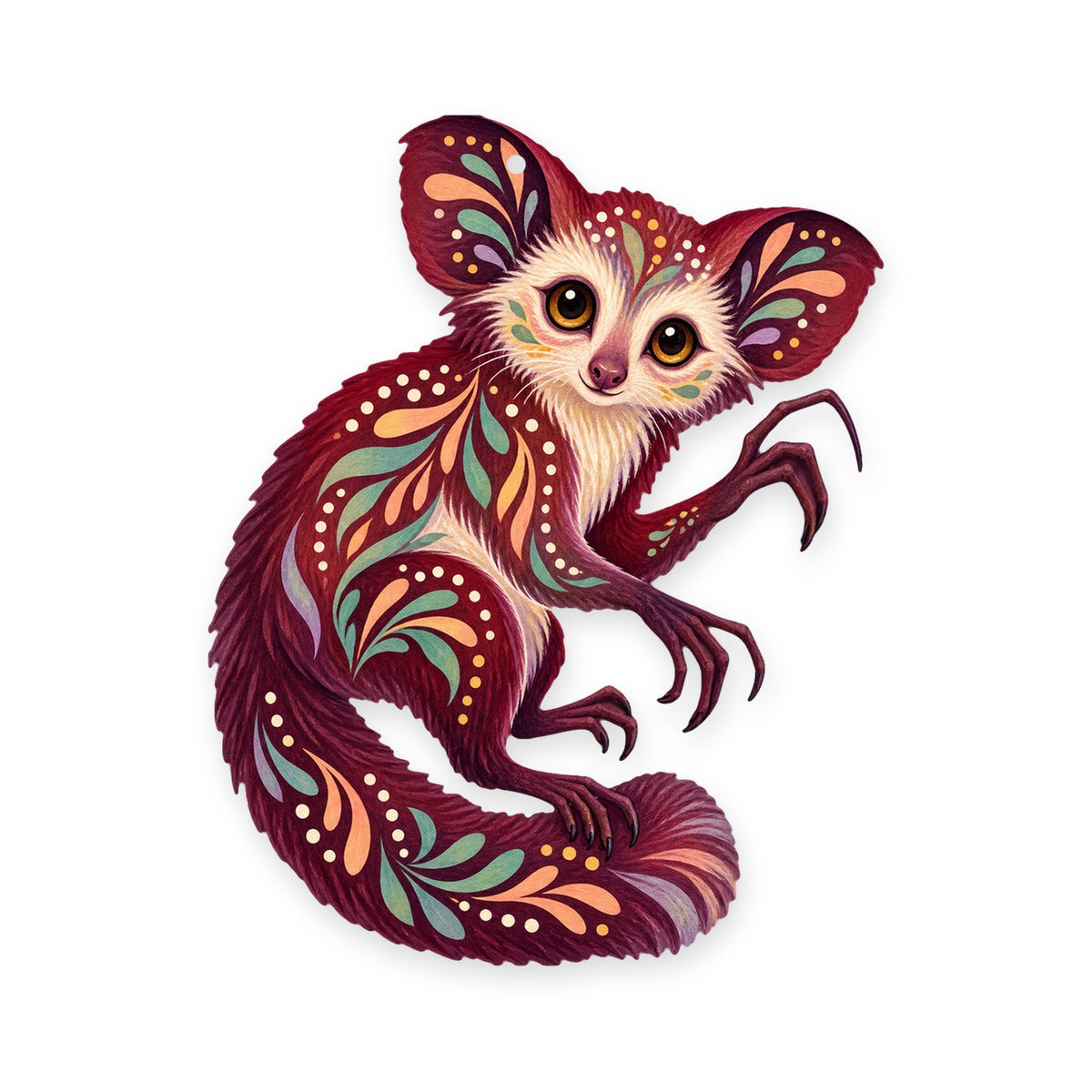 Aye-Aye folk art ornament O414 on white, laser-cut maple wood, made in USA