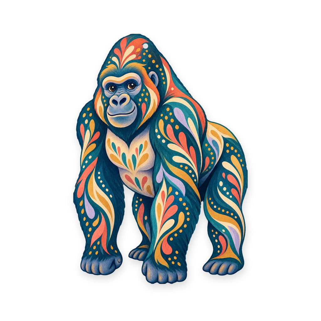 Western Lowland Gorilla folk art ornament O415 on white, laser-cut maple wood, made in USA