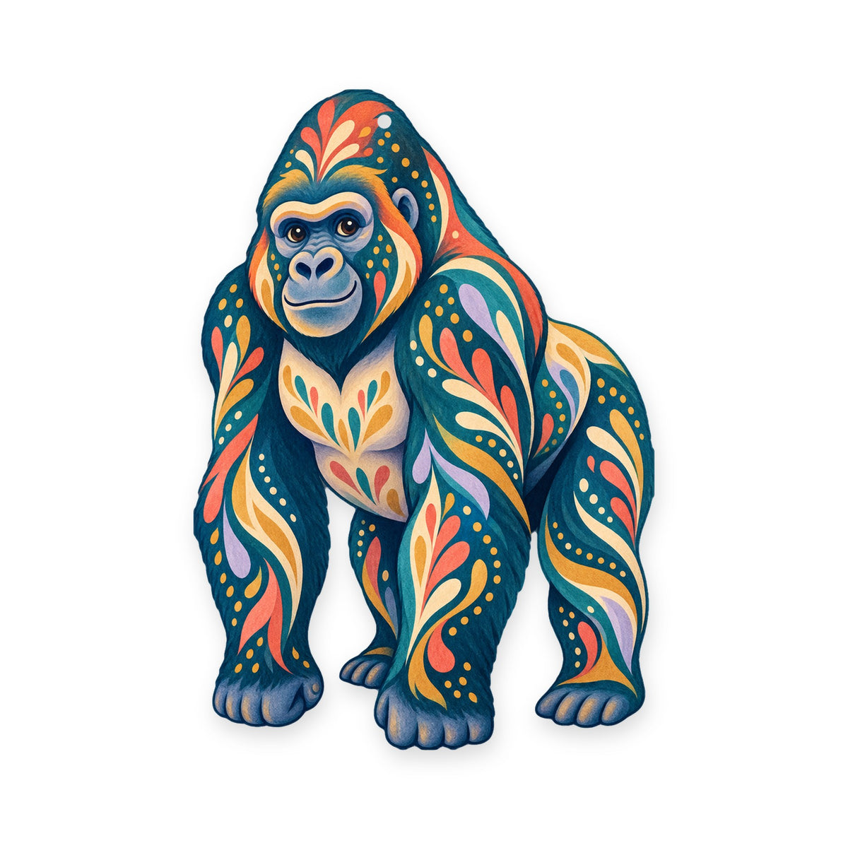 Western Lowland Gorilla folk art ornament O415 on white, laser-cut maple wood, made in USA