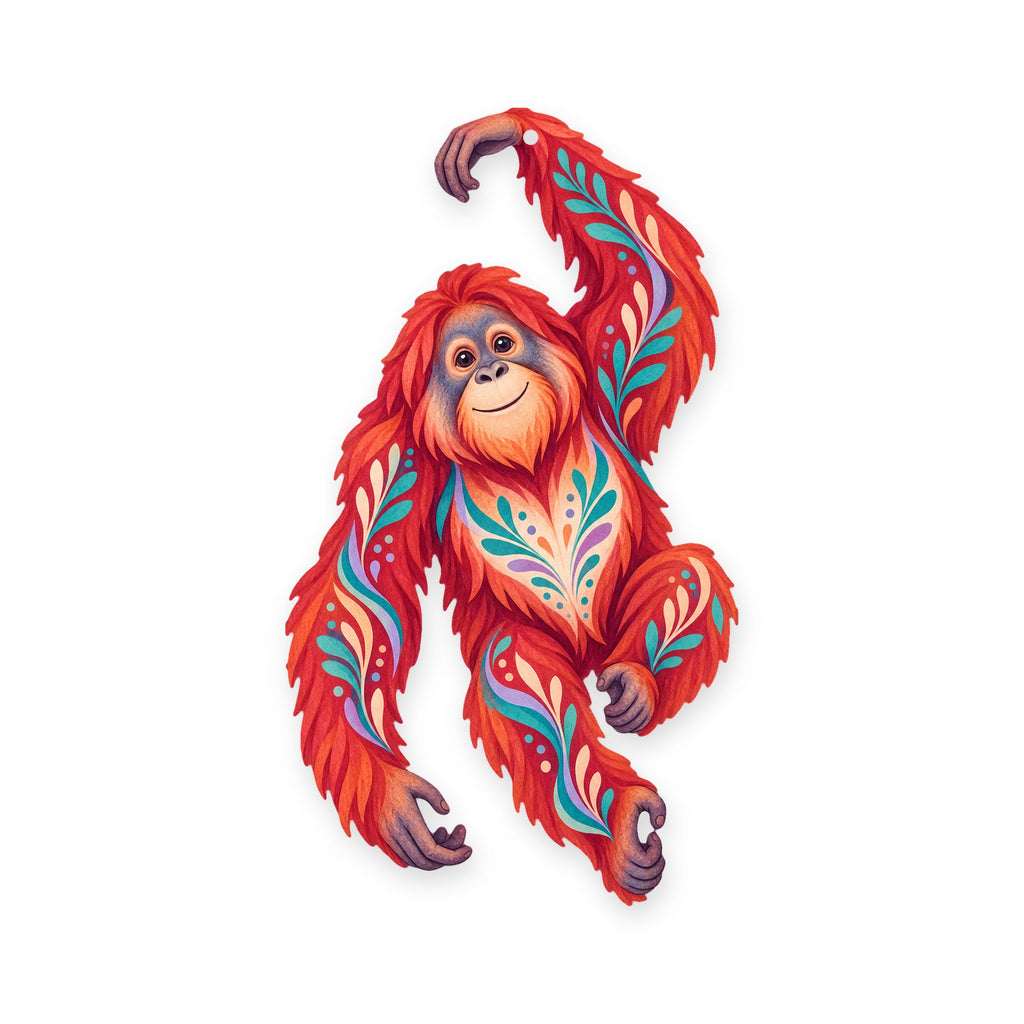 Orangutan folk art ornament O416 on white, laser-cut maple wood, made in USA