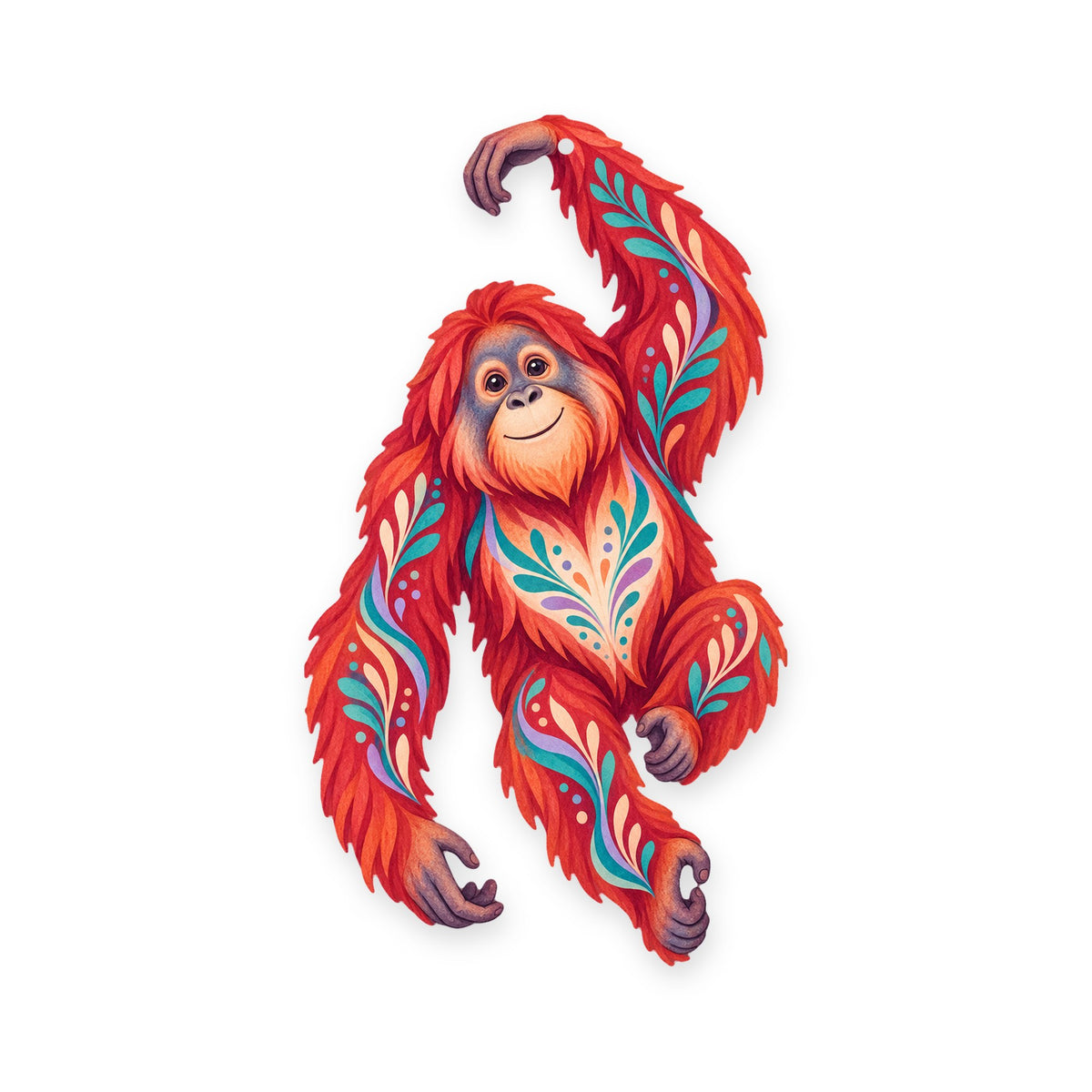 Orangutan folk art ornament O416 on white, laser-cut maple wood, made in USA