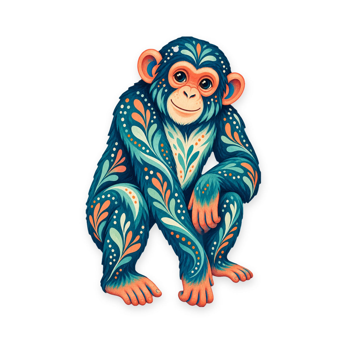 Chimpanzee folk art ornament O417 on white, laser-cut maple wood, made in USA