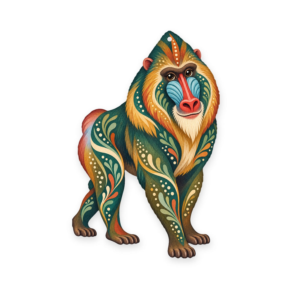 Mandrill folk art ornament O419 on white, laser-cut maple wood, made in USA