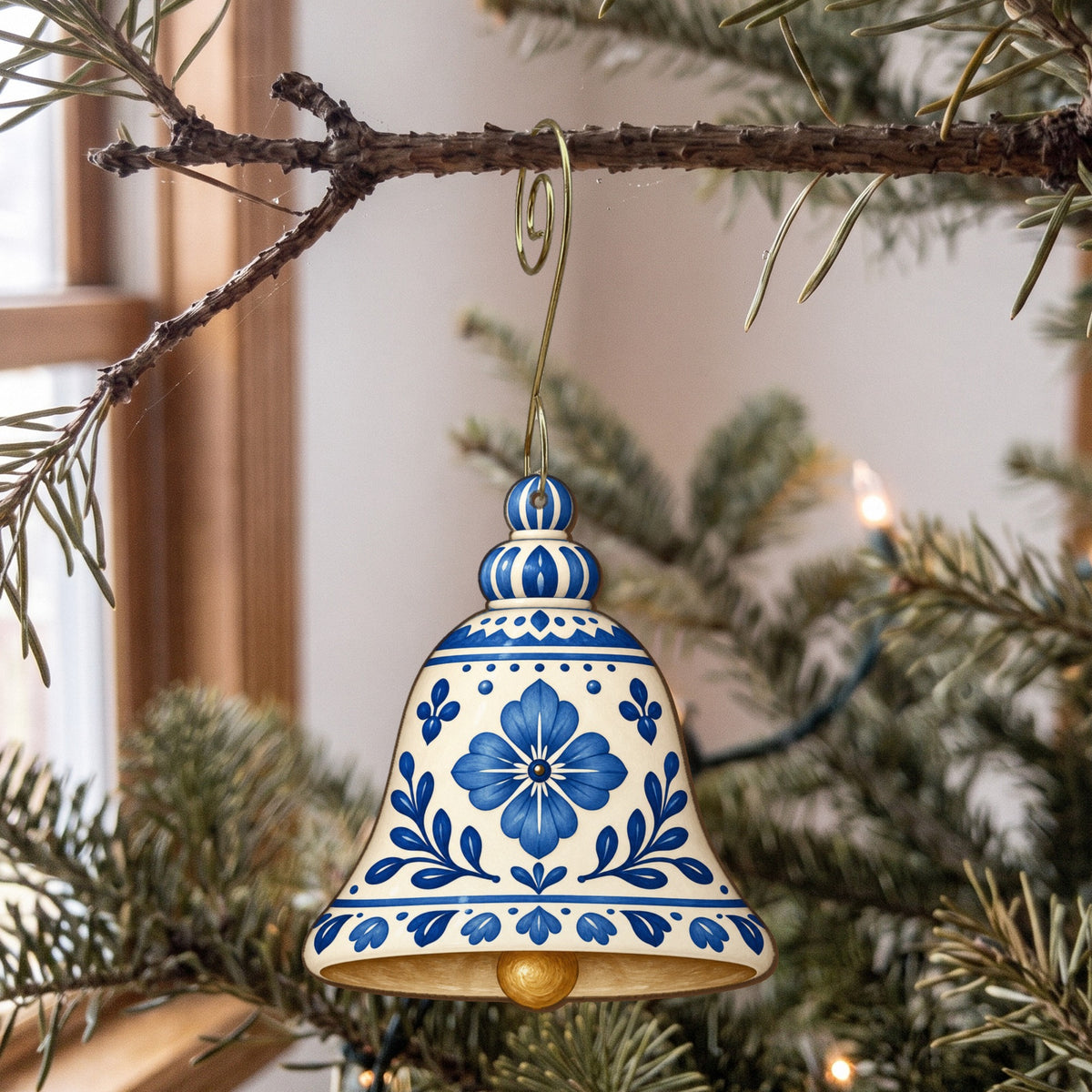 Laser-cut maple wood Christmas ornament O41 hanging on a fir branch, made in USA