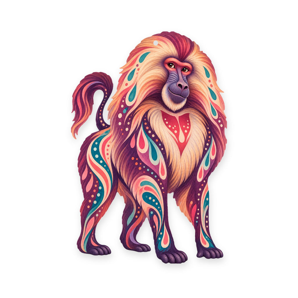 Gelada folk art ornament O420 on white, laser-cut maple wood, made in USA