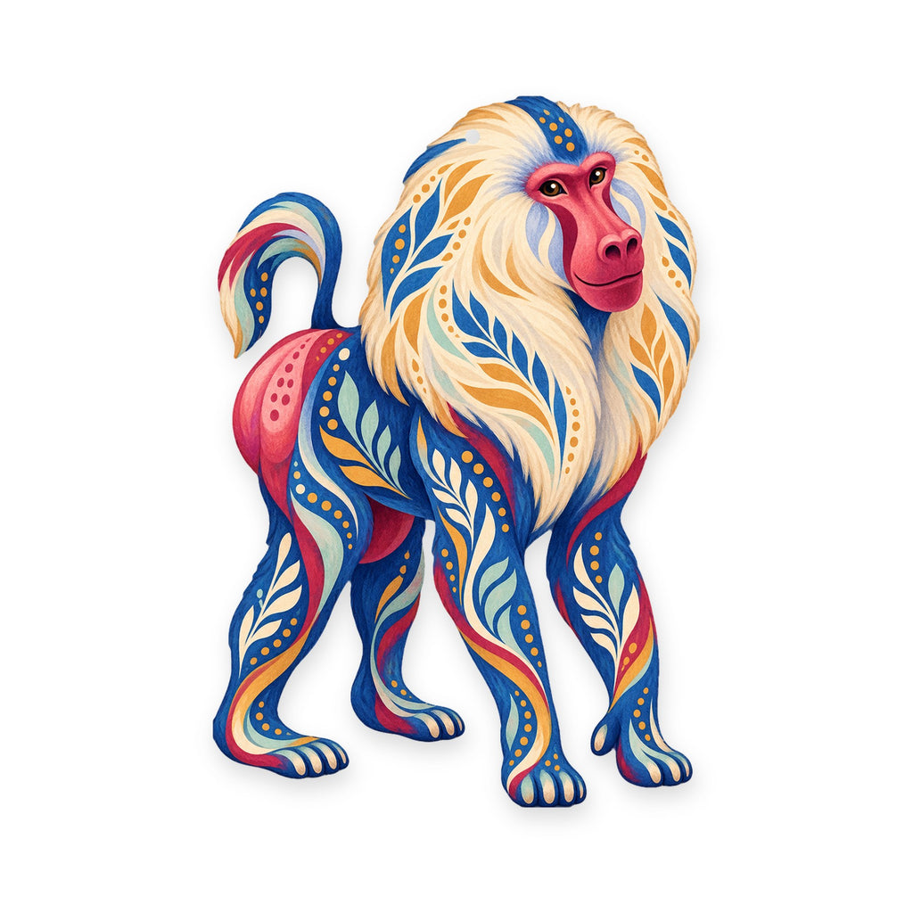 Hamadryas Baboon folk art ornament O421 on white, laser-cut maple wood, made in USA
