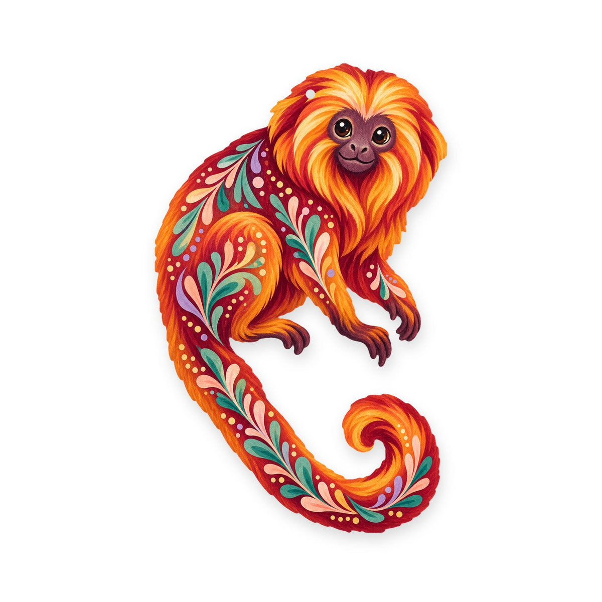 Golden Lion Tamarin folk art ornament O422 on white, laser-cut maple wood, made in USA
