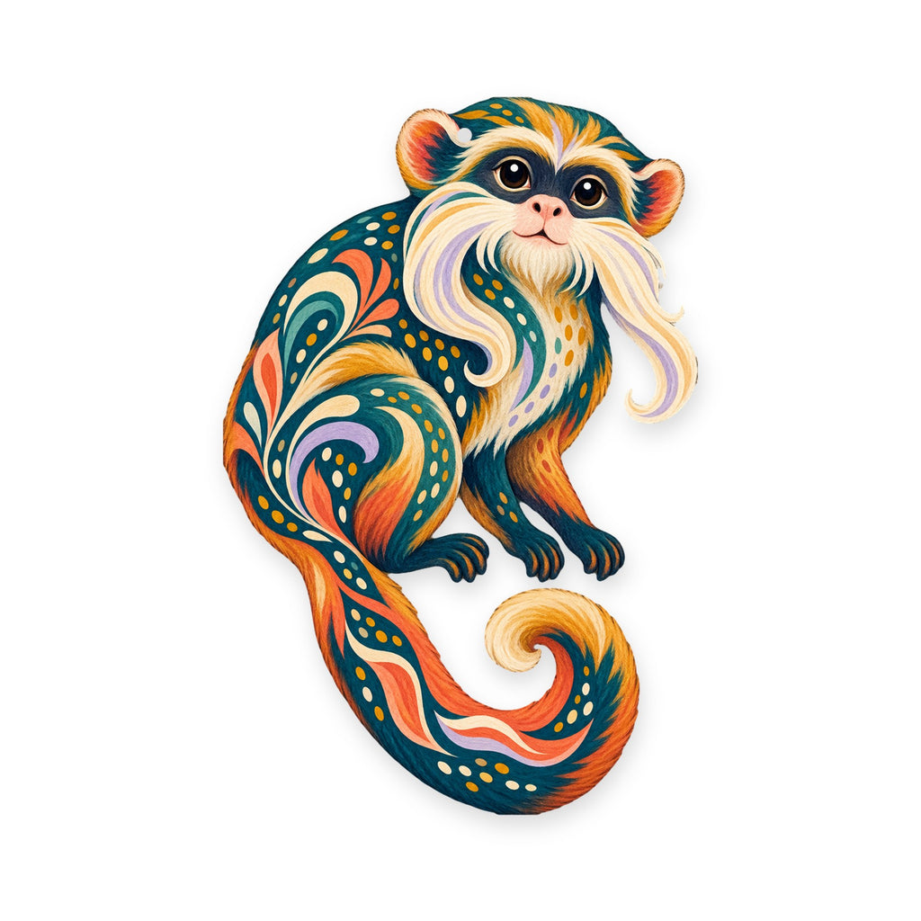 Emperor Tamarin folk art ornament O423 on white, laser-cut maple wood, made in USA