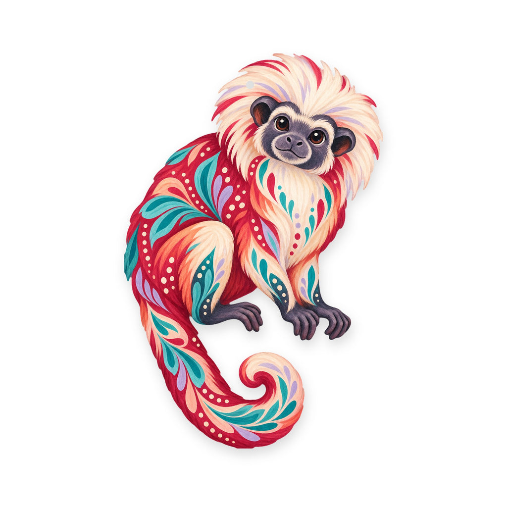Cotton-Top Tamarin folk art ornament O424 on white, laser-cut maple wood, made in USA
